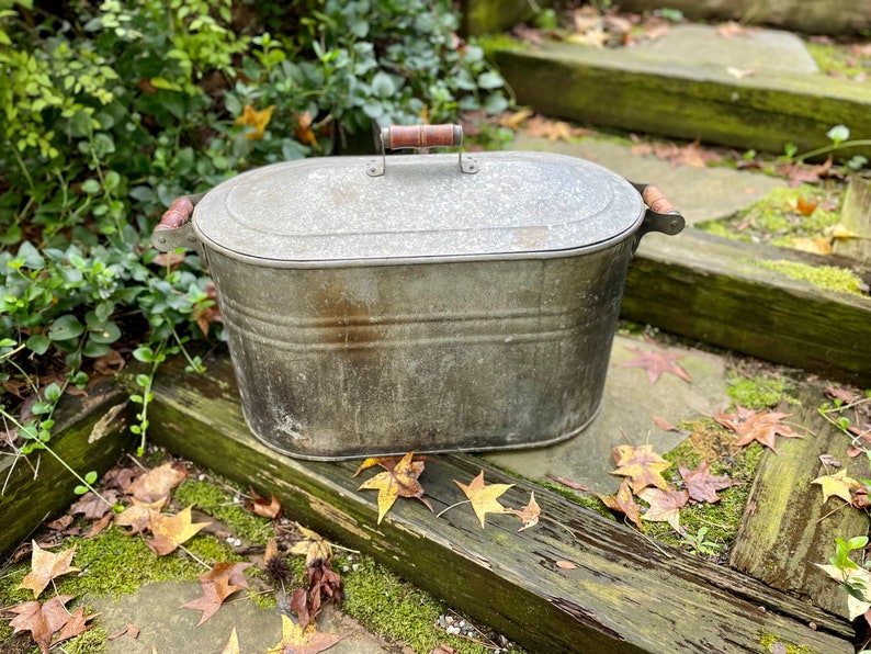 Antique Primitive Galvanized Boiler Tub With Lid Vintage Oval Etsy