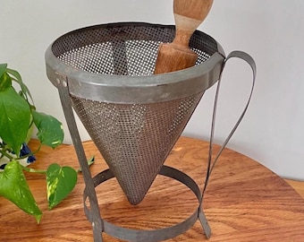 Vintage Metal Cone Food Strainer and Wood Pestle Set: Farmhouse Kitchen Decor
