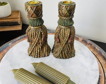 Vintage Verdigris Tassel Candleholder Pair: Dorothy Draper Style