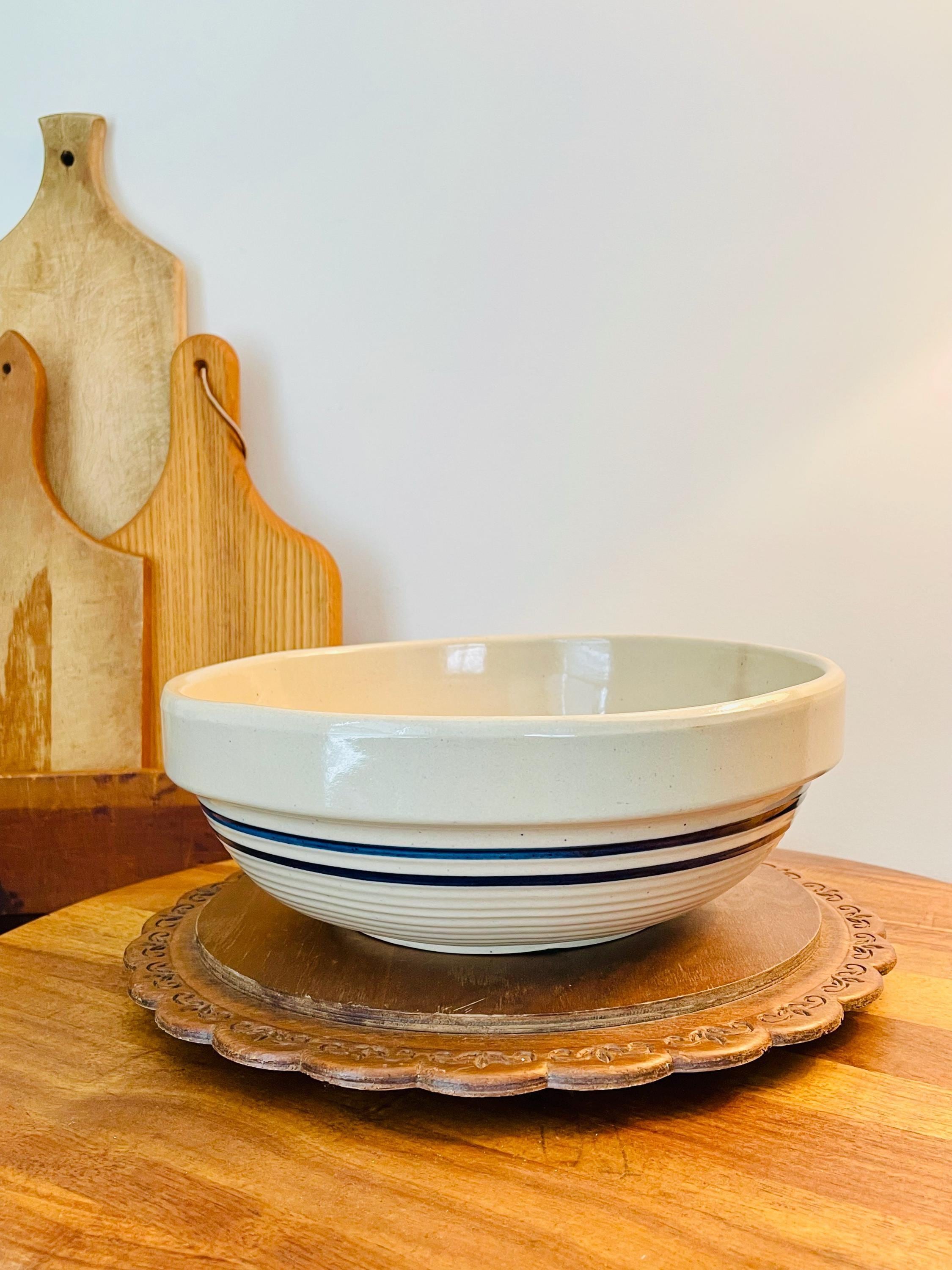 Vintage Double Blue Stripe Marshall Pottery Bread Dough Bowl; American Pottery Mixing Bowl; Stoneware Serving Bowl; Blue and White Stoneware