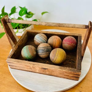 Vintage Set of 6 Colorful Ribbed Wood Croquet Balls; Striped Wood Croquet Ball Set; Rustic Sports Theme Decor; Farmhouse Decor; Lawn Game