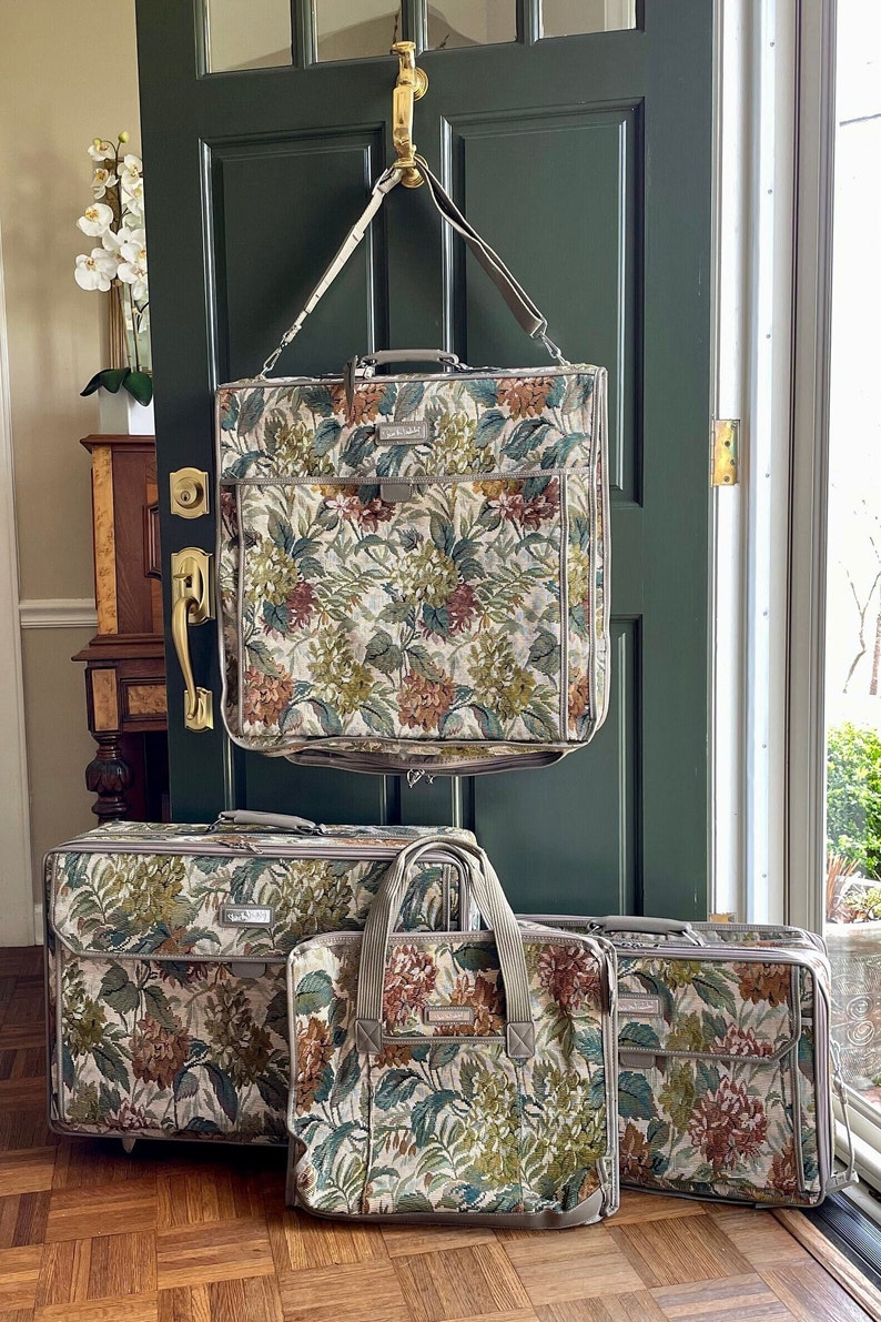 RARE Four Piece Vintage Diane Von Furstenberg Floral Tapestry Luggage Set 1980s DVF Tapestry Luggage Set Carry On Garment Bag Suiter image 2