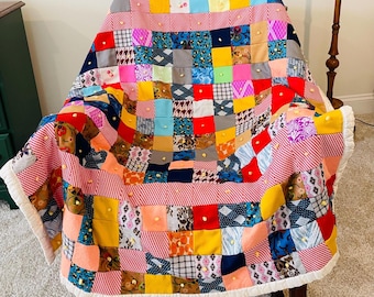 Vintage Hand-Tied Patchwork Lap Quilt 43x50, 1970s Colorful Cottage Farmhouse Decor