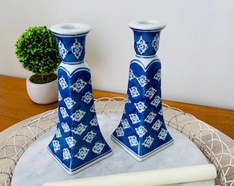 Vintage Blue White Candlesticks Pair, Silverstri Chinoiserie Porcelain Candle Holders, Grandmillennial English Cottage Decor