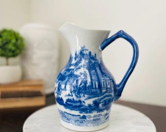 Vintage Flow Blue Ironstone Pitcher: English Chinoiserie Transferware Jug