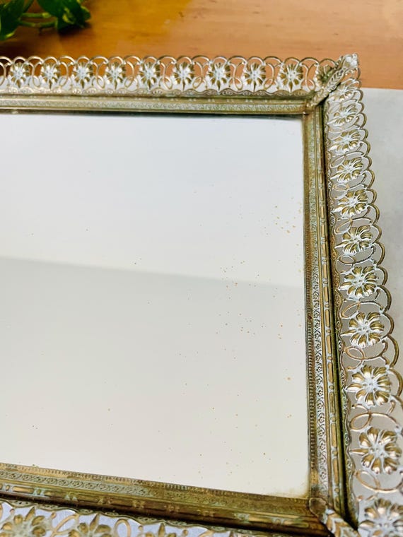 Antique Gold Filigree Vanity Mirror: Hollywood Regency Dresser Tray