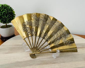Vintage Enesco Phoenix Brass Fan, Hollywood Regency Decor, Chinoiserie, Made in Taiwan