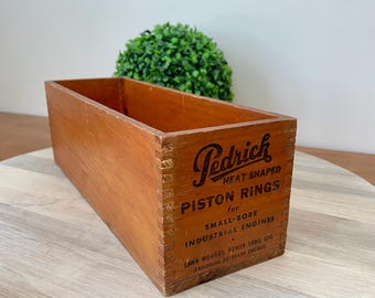 Vintage Pedrick Piston Rings Wooden Box, Industrial Engine Parts Crate Farmhouse Wood Box