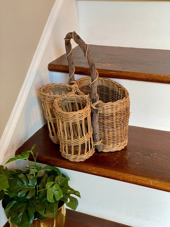 Vintage Wicker and Twig Picnic Basket with Double 