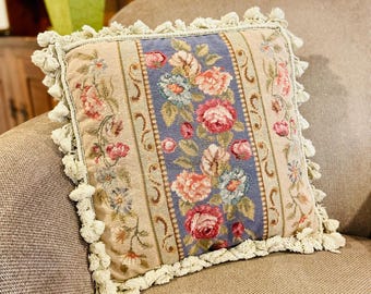 Vintage Aubusson Needlepoint Pillow: Rose Floral Tassel Fringe, English Cottage Decor