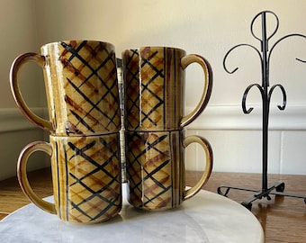 RARE Set of 4 Mid Century Geometric HOLT HOWARD Stoneware Mugs; VIntage Stoneware Coffee Cup Set; Gift for Coffee Lover; Coffee Bar Decor