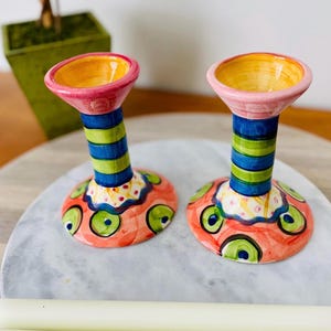 1990s Handpainted Signed Vicki Carroll Pottery Candle Holder Pair; Vintage Colorful Vicki Carroll Ceramic Candlestick Holders; Maximalist