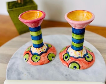 Handpainted 1990s Vicki Carroll Pottery Candle Holder Pair: Signed Ceramic Candlestick