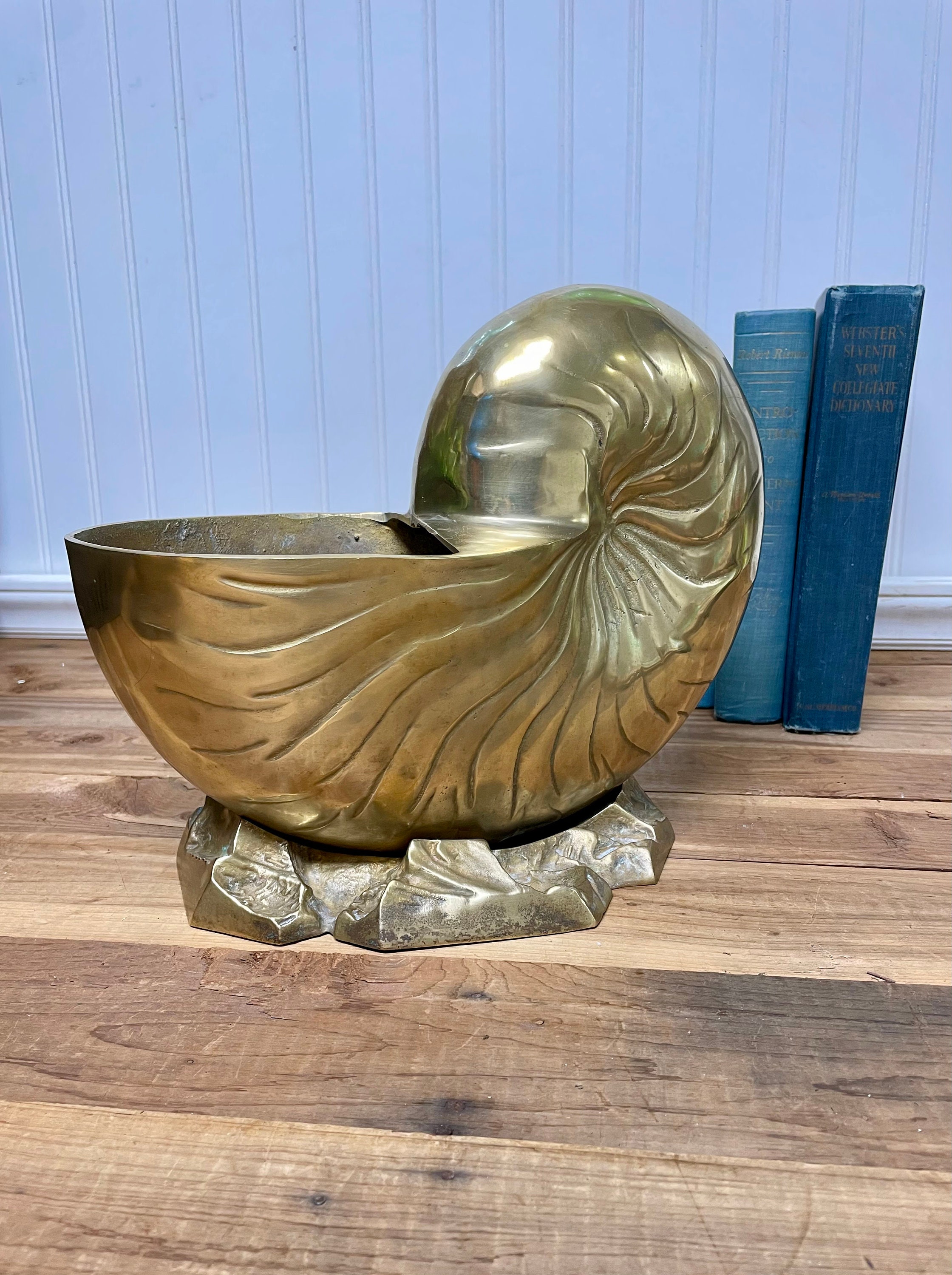 Vintage Large Brass Nautilus Shell Planter Mid Century Coastal Theme