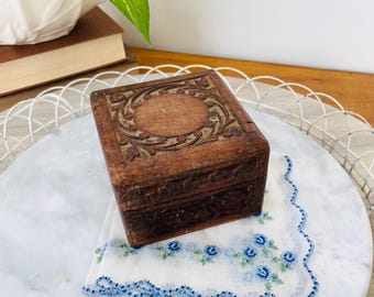 Vintage Hand Carved Sheesham Wood Box, Velvet Lined Trinket Box