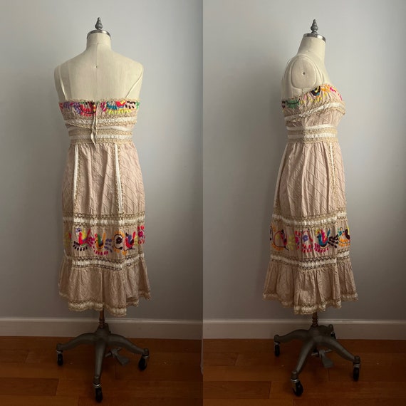 VTG 1970s Cream Neon Embroidered Midi Dress Mediu… - image 4