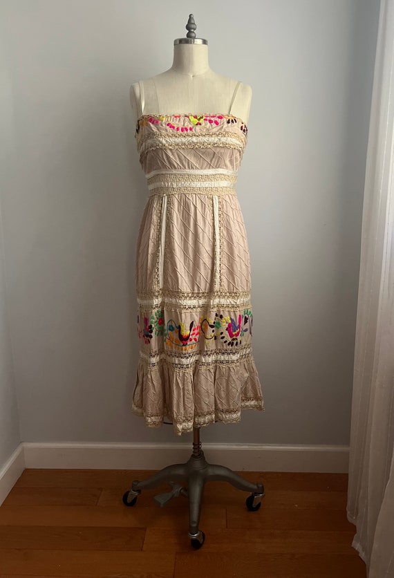 VTG 1970s Cream Neon Embroidered Midi Dress Mediu… - image 2