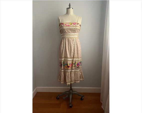 VTG 1970s Cream Neon Embroidered Midi Dress Mediu… - image 1