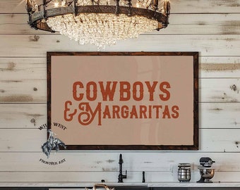 Cowboys & Margaritas Typography Poster, Western Room Decor, Gift For him, Cowboy Art, Bar Wall Art, Illustration Print, Airbnb Decor
