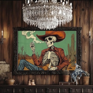 Desert Cowboy Skeleton Art Print: Western Halloween Decor