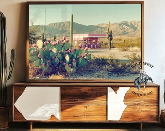 Vintage Arizona Gas Station Poster: Western Desert Landscape Art