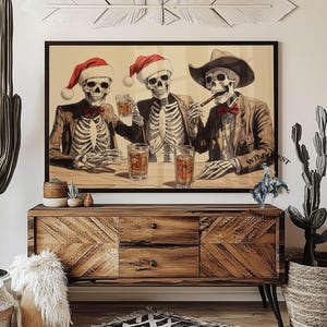 Cowboy Skeletons Christmas Poster, Funny Western Holiday Art with Santa Hats, Whiskey & Cigar, Gothic Saloon Christmas Wall Decor, Bar Gift