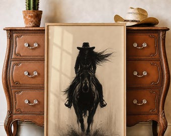 Western Cowgirl Poster Black Horse Wall Art