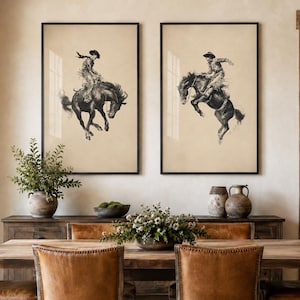 Vintage Bucking Bronco Poster Set: Sepia Tone Cowboy Art Prints