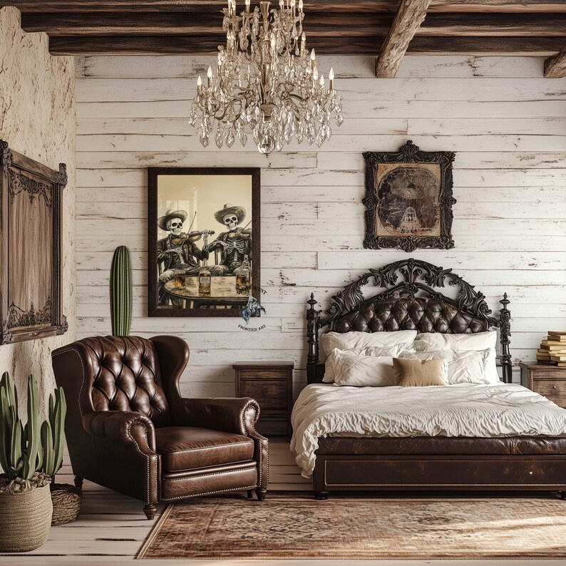May include: A luxurious bedroom with a brown leather wingback chair, a tufted leather bed frame, and a decorative chandelier. Artwork featuring skeleton musicians hangs on the white wood-paneled wall. A woven rug and potted cactus add to the room's decor.
