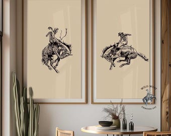 Bucking Bronco Poster Set: Rustic Cowboy Rodeo Wall Art