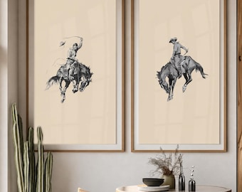 Bucking Bronco Wall Art Set, Western Cowboy Art Prints, Modern Western Wall Decor
