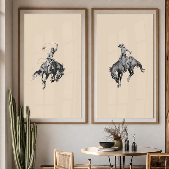 Bucking Bronco Wall Art Set, Western Cowboy Art Prints, Modern Western Wall Decor