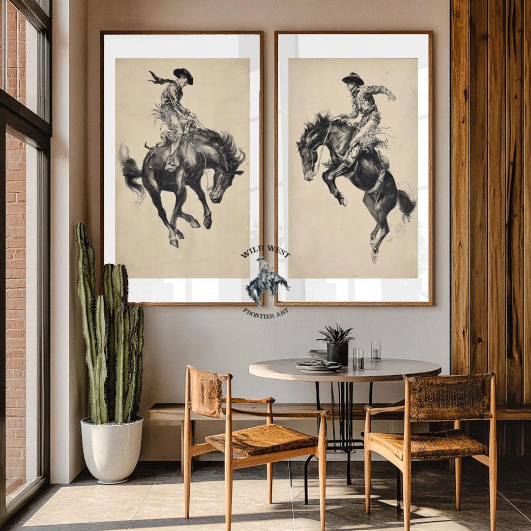 Western Bucking Bronco Poster Set, Cowboy Rodeo Wall Art, Vintage ...