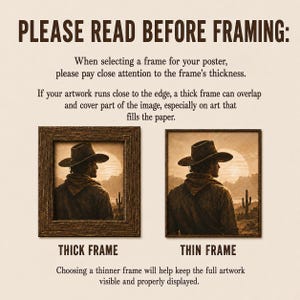 May include: An informational graphic titled PLEASE READ BEFORE FRAMING. It displays two framed sepia-toned prints of a cowboy in a desert landscape. One shows a thick frame obscuring the edges, while the other shows a thin frame displaying the full image.