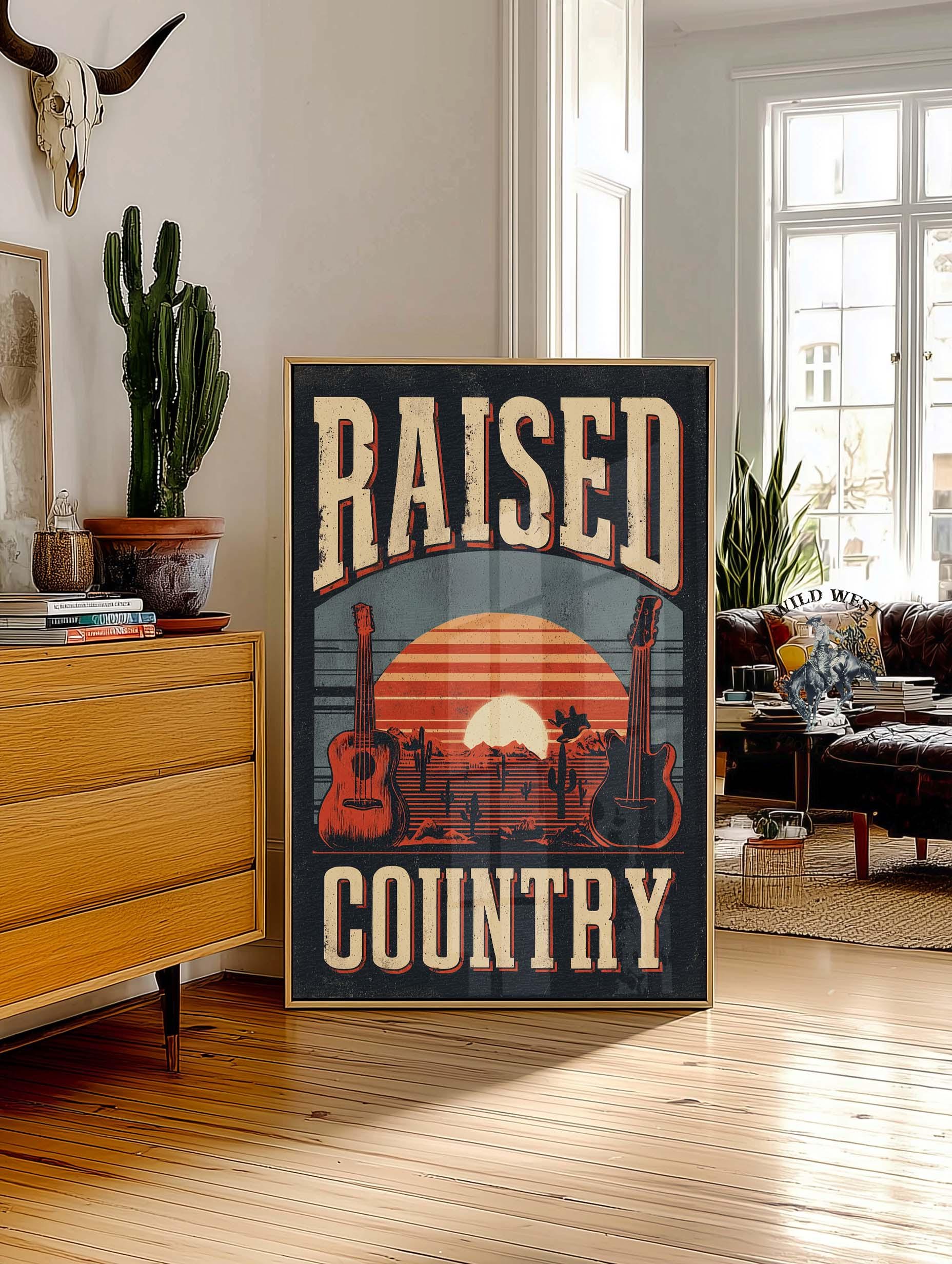 Raised Country Typography Poster, Western Wall Art, Country Music Decor, Rustic Typography Print, 80s Retro Sign, Cowboy Theme Art, Gift