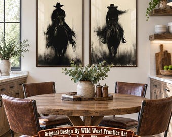 May include: Two framed wall art prints featuring black ink-style silhouettes of a cowboy and a cowgirl riding horses on a cream background. The text at the bottom reads: Original Design By Wild West Frontier Art Printed In The USA.