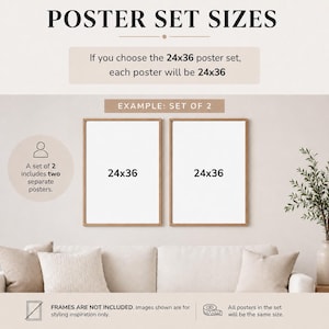 May include: Two framed posters, each 24x36 inches, are displayed above a white sofa. The text "POSTER SET SIZES" is at the top, with details about the poster size. The image shows an example of a set of two posters.