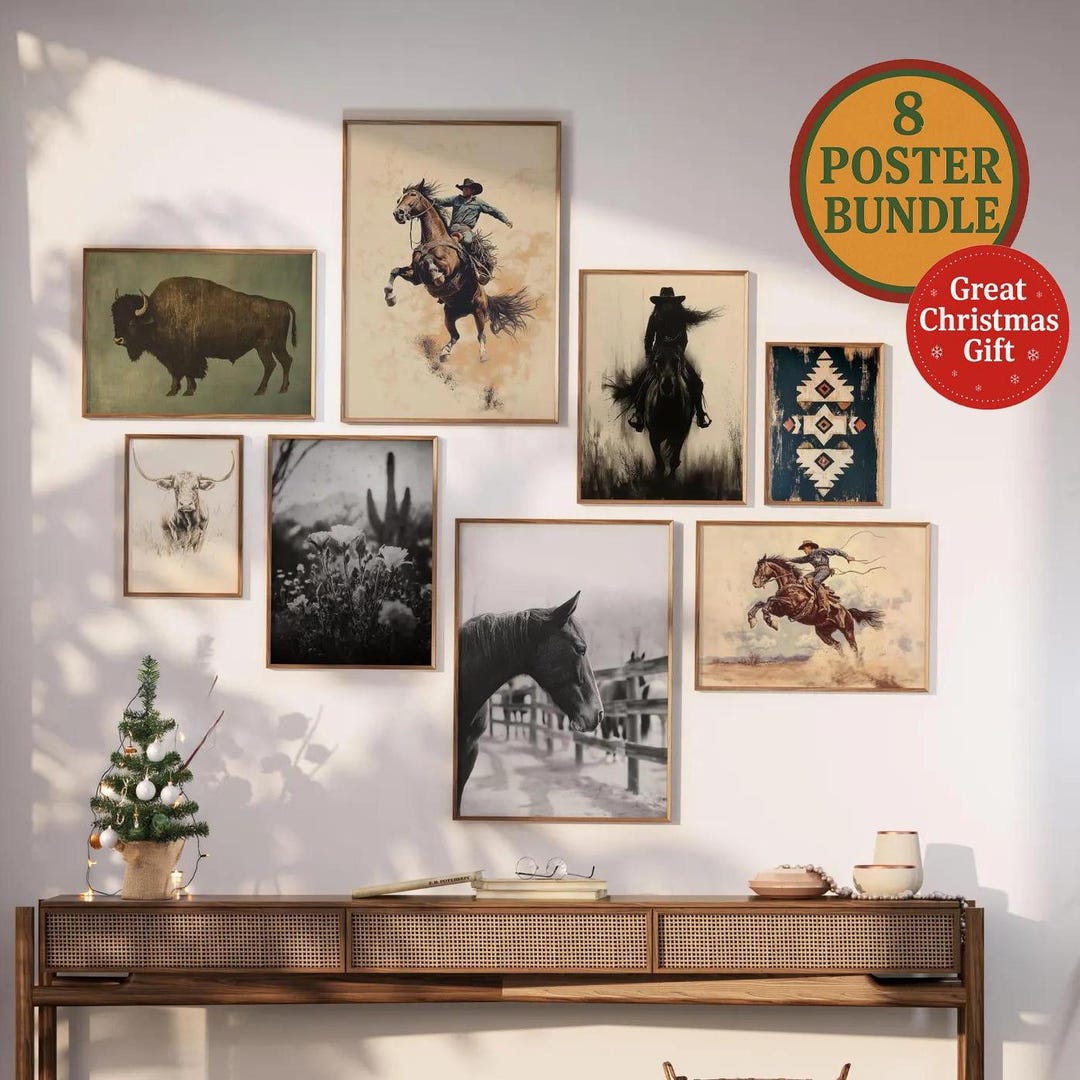 Western Wall Art Set of 8 Posters, Cowboy Decor, Rodeo Prints, Rustic ...
