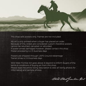 May include: A sepia-toned poster print featuring a silhouette of a cowboy riding a horse. The cowboy is wearing a hat and is riding the horse at a gallop. The background shows a landscape with mountains and a hazy sky. The text on the poster says "Wild West Frontier Art".