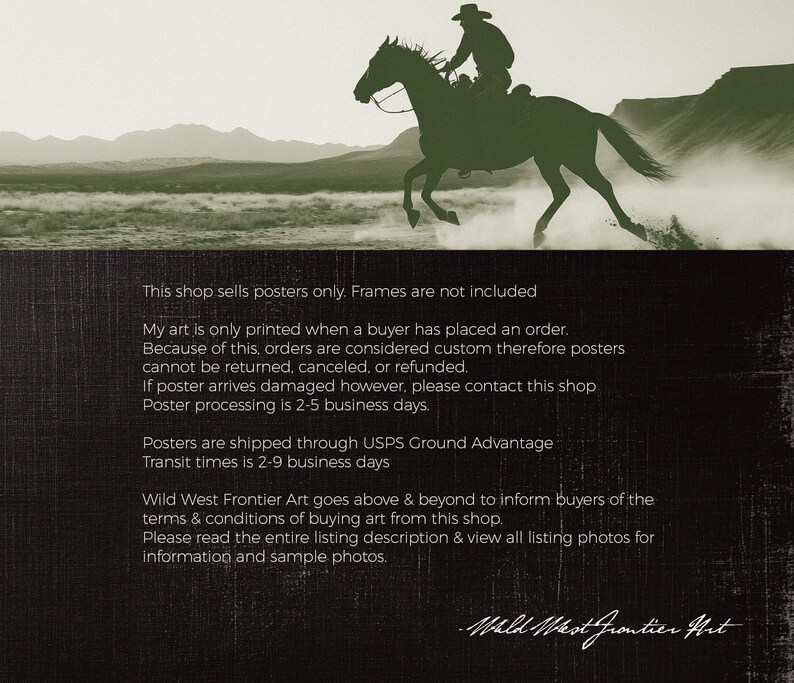 May include: A sepia-toned poster print featuring a silhouette of a cowboy riding a horse. The cowboy is wearing a hat and is riding the horse at a gallop. The background shows a landscape with mountains and a hazy sky. The text on the poster says "Wild West Frontier Art".