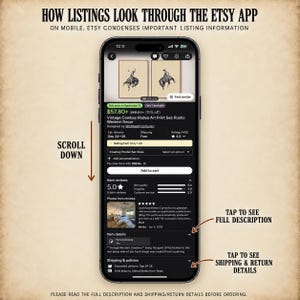 May include: A smartphone screen displaying an Etsy product listing for a two-piece cowboy rodeo art print set. The interface shows the item title, price, reviews, and a scroll-down arrow with text instructions to tap for full descriptions and shipping details.