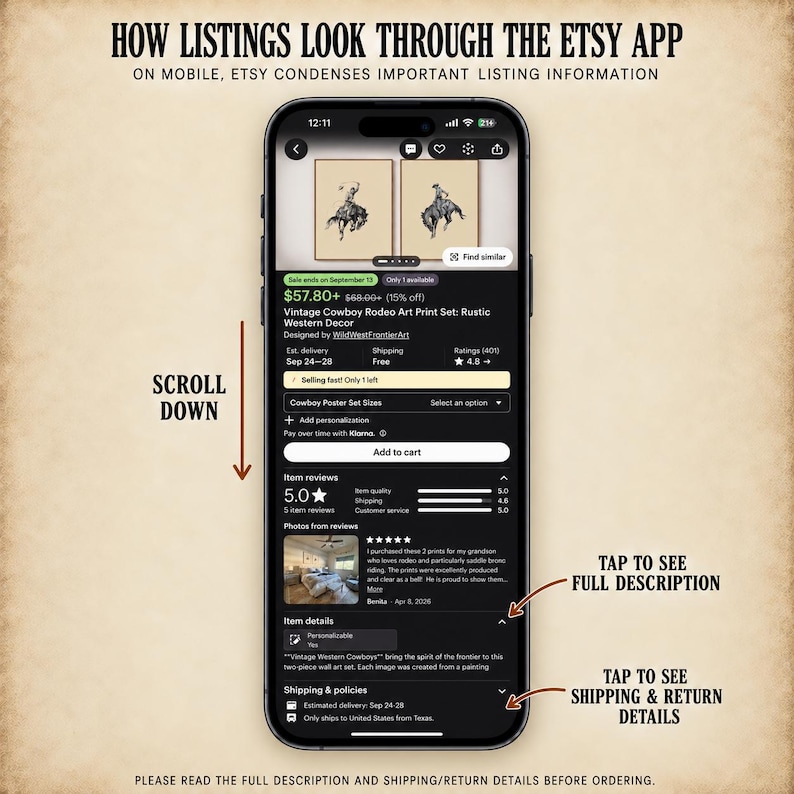 May include: A smartphone screen displaying an Etsy product listing for a two-piece cowboy rodeo art print set. The interface shows the item title, price, reviews, and a scroll-down arrow with text instructions to tap for full descriptions and shipping details.