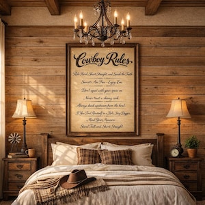 Puede incluir: Un dormitorio rústico con una cama de madera, mesitas de noche y un letrero enmarcado que dice "Cowboy Rules". Un sombrero de vaquero marrón descansa sobre la cama. La habitación está iluminada por lámparas y una lámpara de araña.