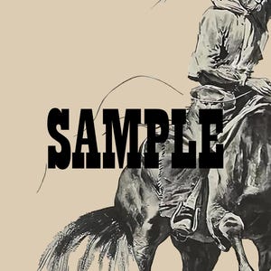 May include: Black and white illustration of a cowboy riding a horse, with a hat flying off. The word "SAMPLE" is printed in bold, black letters across the image. The background is a tan color.