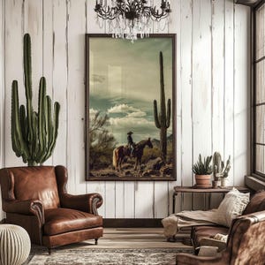 Cowboy Desert Wall Art, Western Rustic Decor, Horse Rider Print, Cactus Landscape Poster, Southwest Home Style, Farmhouse Wall Print