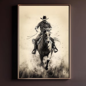 Cowboy Riding Horse Poster, Western Wall Art Print, Black and White Cowboy Decor, Rodeo Horseback Riding Artwork, Rustic Ranch Home Decor