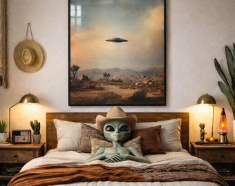 Vintage UFO Joshua Tree Desert Art Print Western Wall Art Alien Landscape Poster