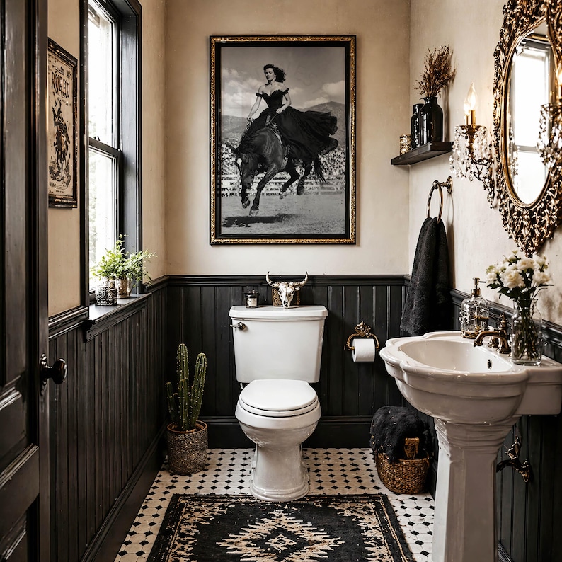 May include: A bathroom featuring black wainscoting, a white pedestal sink, a white toilet with a decorative skull above it, a black and white patterned rug, and a large framed black and white photograph of a person riding a horse on the wall.