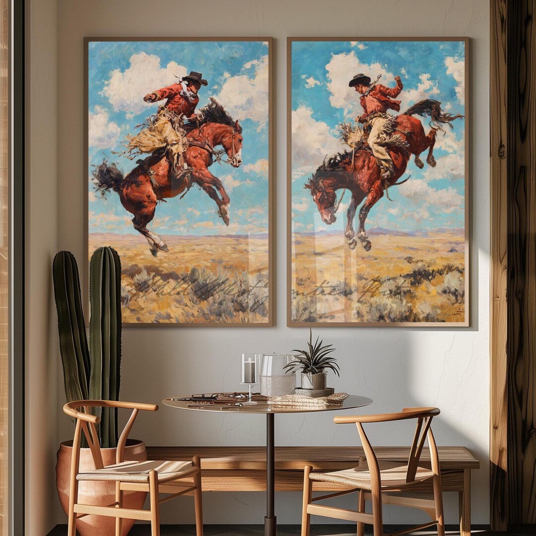 Vintage Bucking Bronco Cowboy Poster Set, Western Room Decor, Rustic ...