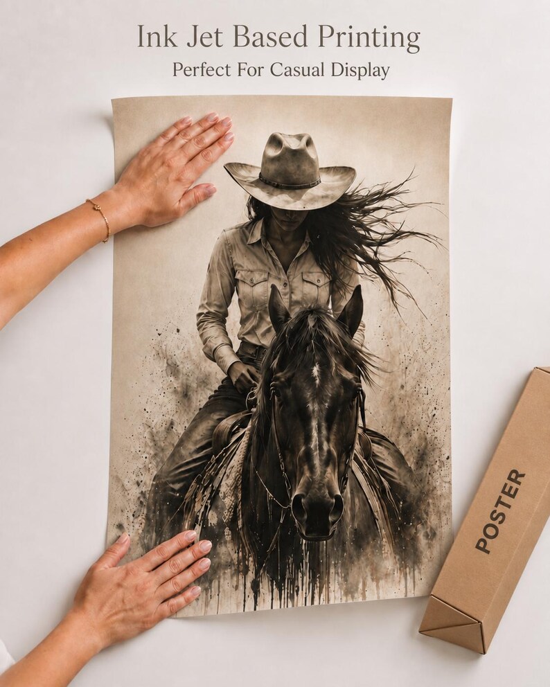 May include: A sepia-toned poster featuring a person wearing a cowboy hat and long-sleeved shirt riding a horse. The artwork has a distressed, ink-splattered aesthetic. The text 'Ink Jet Based Printing' and 'Perfect For Casual Display' appears above.